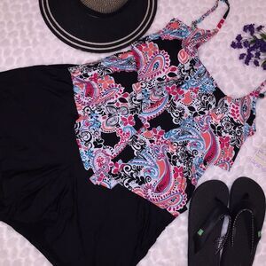 Women's Black Swimdress with Pink & Blue Paisley Print